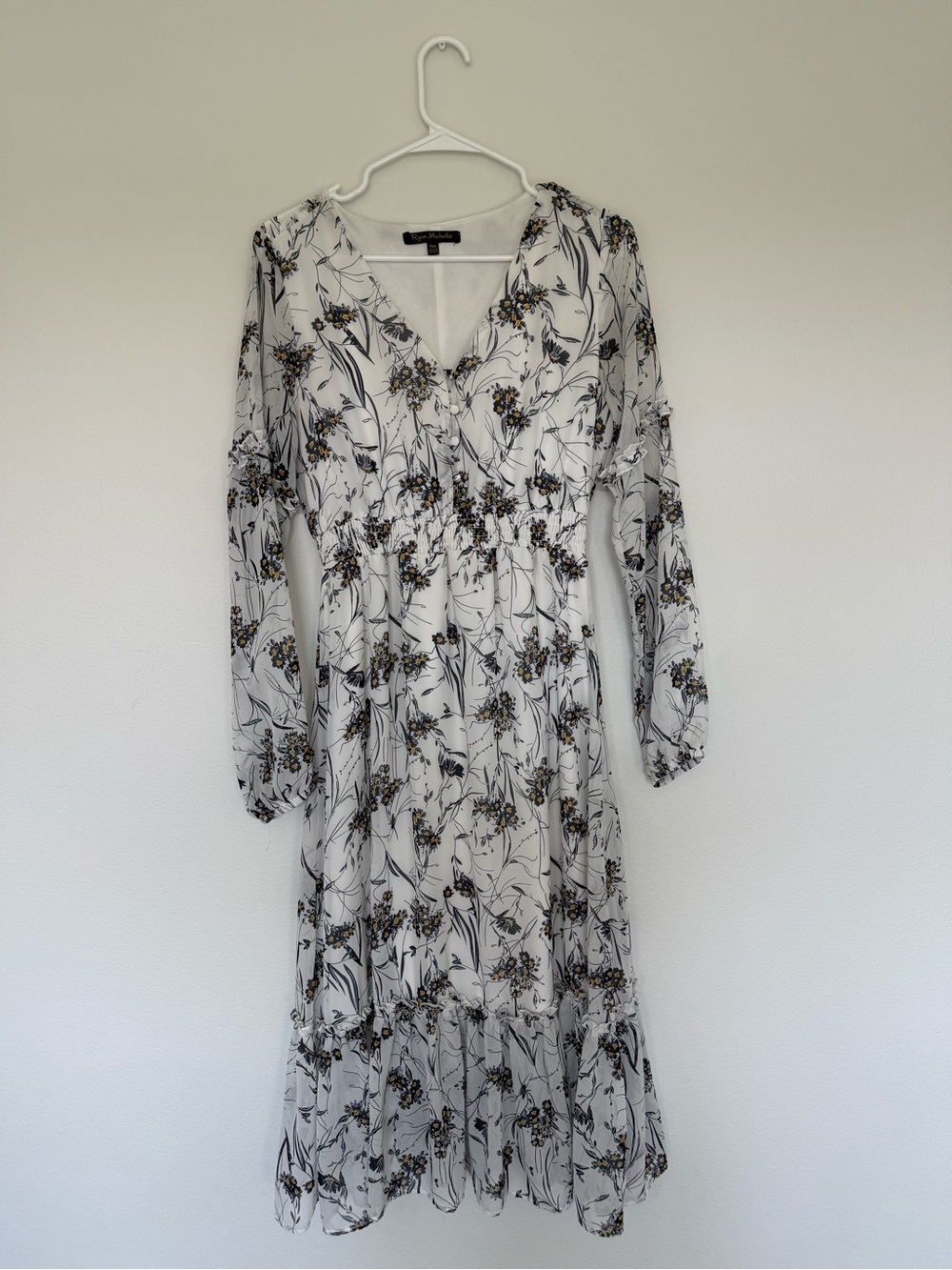 Floral V-Neck Long Sleeve Midi Dress - White with Black & Yellow Floral